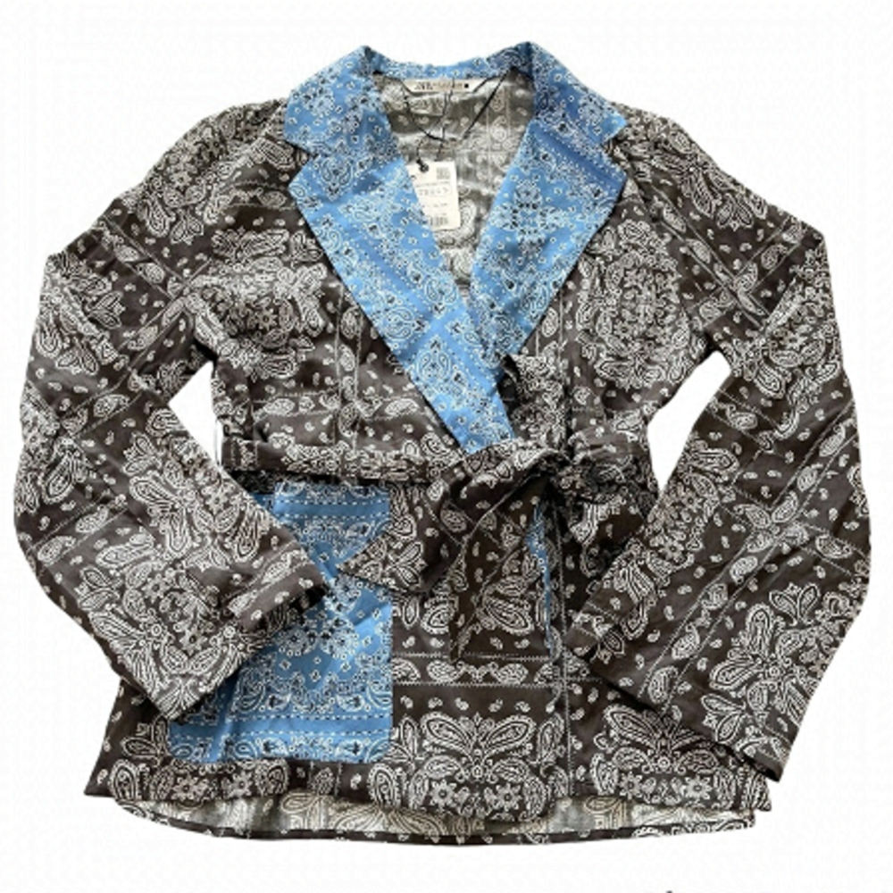 New Zara Black and Blue Paisley Print Retro Collared Wrap Top US S